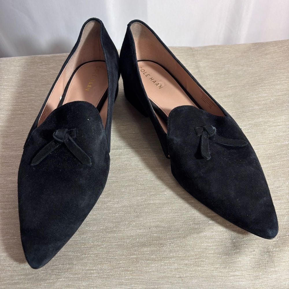 COLE HAAN Sz 10B Grand 360 Suede Slip On Slide Loafers Pointy Toe Bow